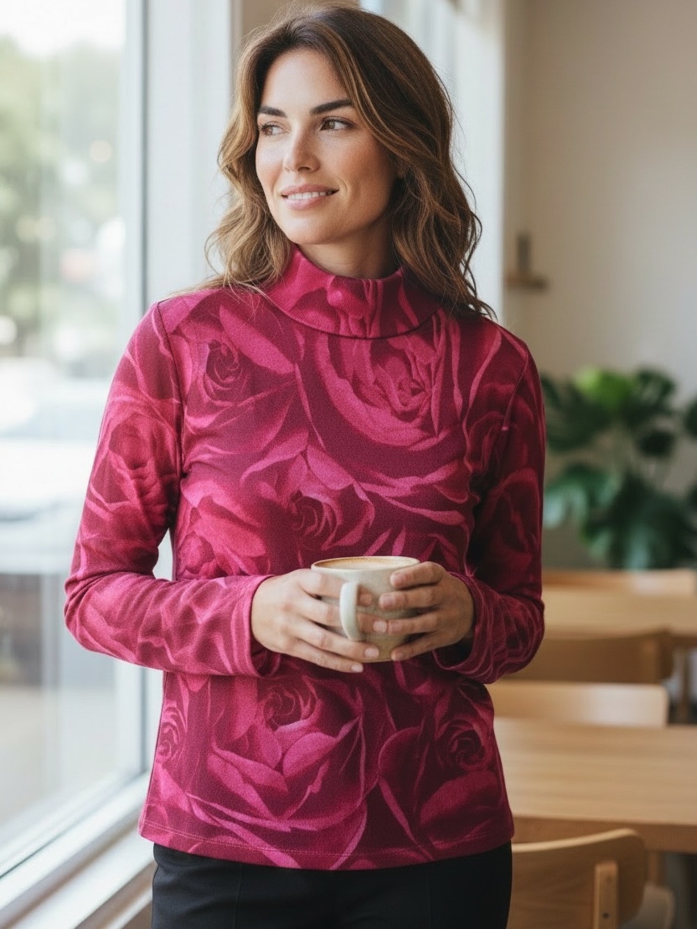 Magenta Rose-Print mock Turtleneck Top